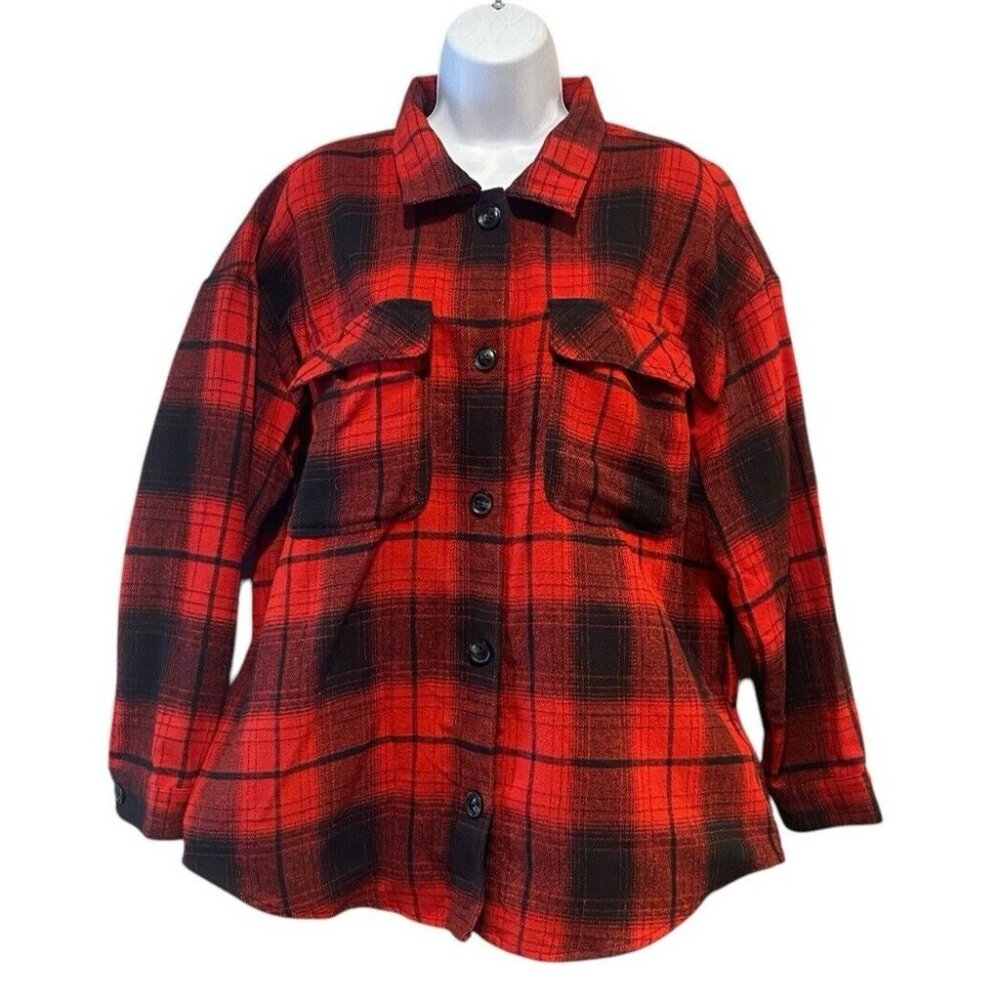 Womens Plaid Shirt Size XXL (19) Red Black Flannel Button Up Long Sleeve